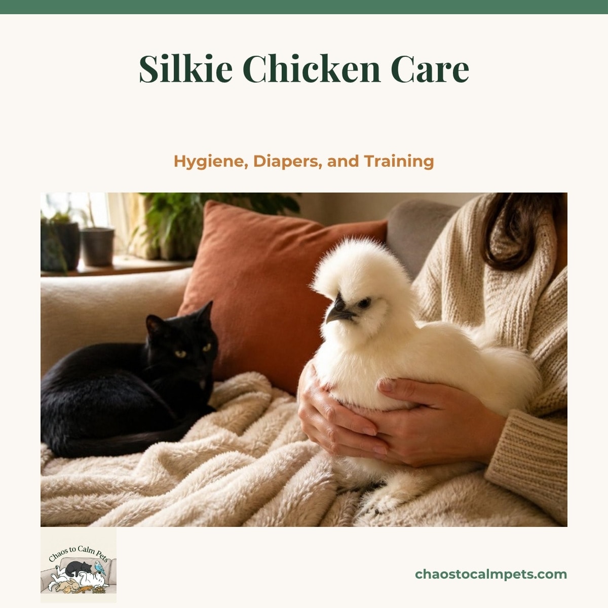A fluffy white Silkie hen with a round head crest standing on clean straw inside a covered backyard run, a dish of dried mealworms and a bowl of crushed oyster shell at her feet and a soft cloth chicken diaper drying on the fence
