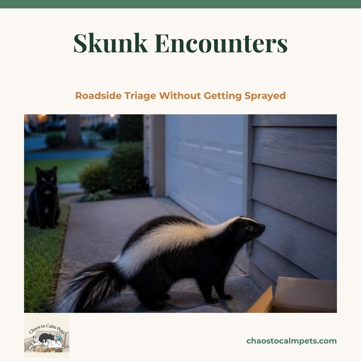 A striped skunk with a glossy black coat and bold white stripes standing in a driveway at dusk beside a cardboard box and folded blanket, a blue budgie on the garage window ledge and a black cat watching from a safe distance