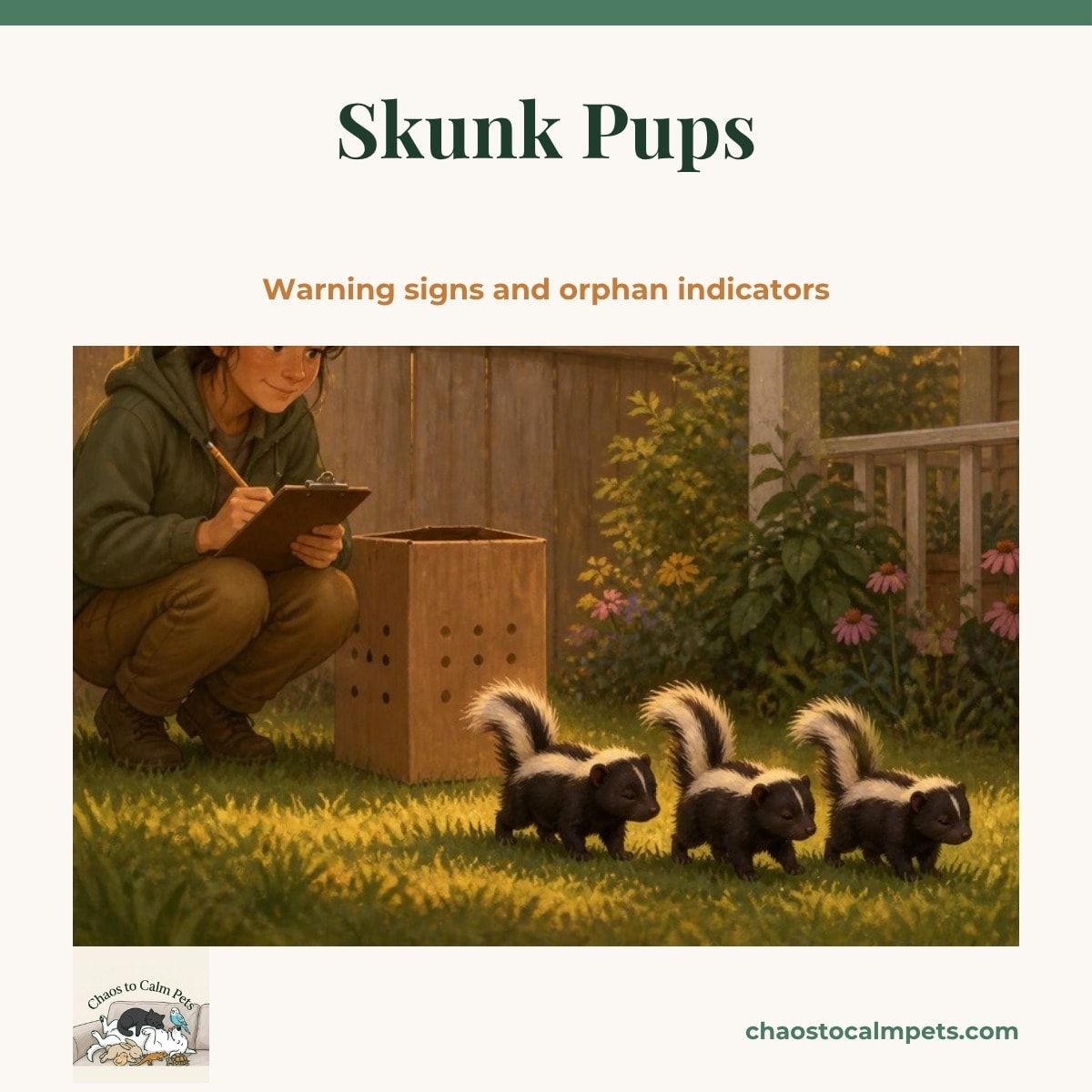 Three tiny striped skunk pups with eyes still closed huddled in a fleece-lined box, a woman in gloves holding a bottle of hydrogen peroxide and a box of baking soda beside a sheepish black-and-white dog, a blue budgie on the garden fence