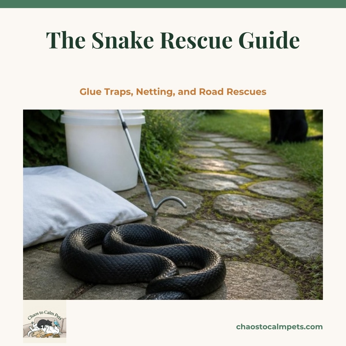 A harmless black rat snake coiled calmly on a garden path beside a cotton pillowcase and a white bucket, a blue budgie on a garden stake above and a black cat watching from a safe distance