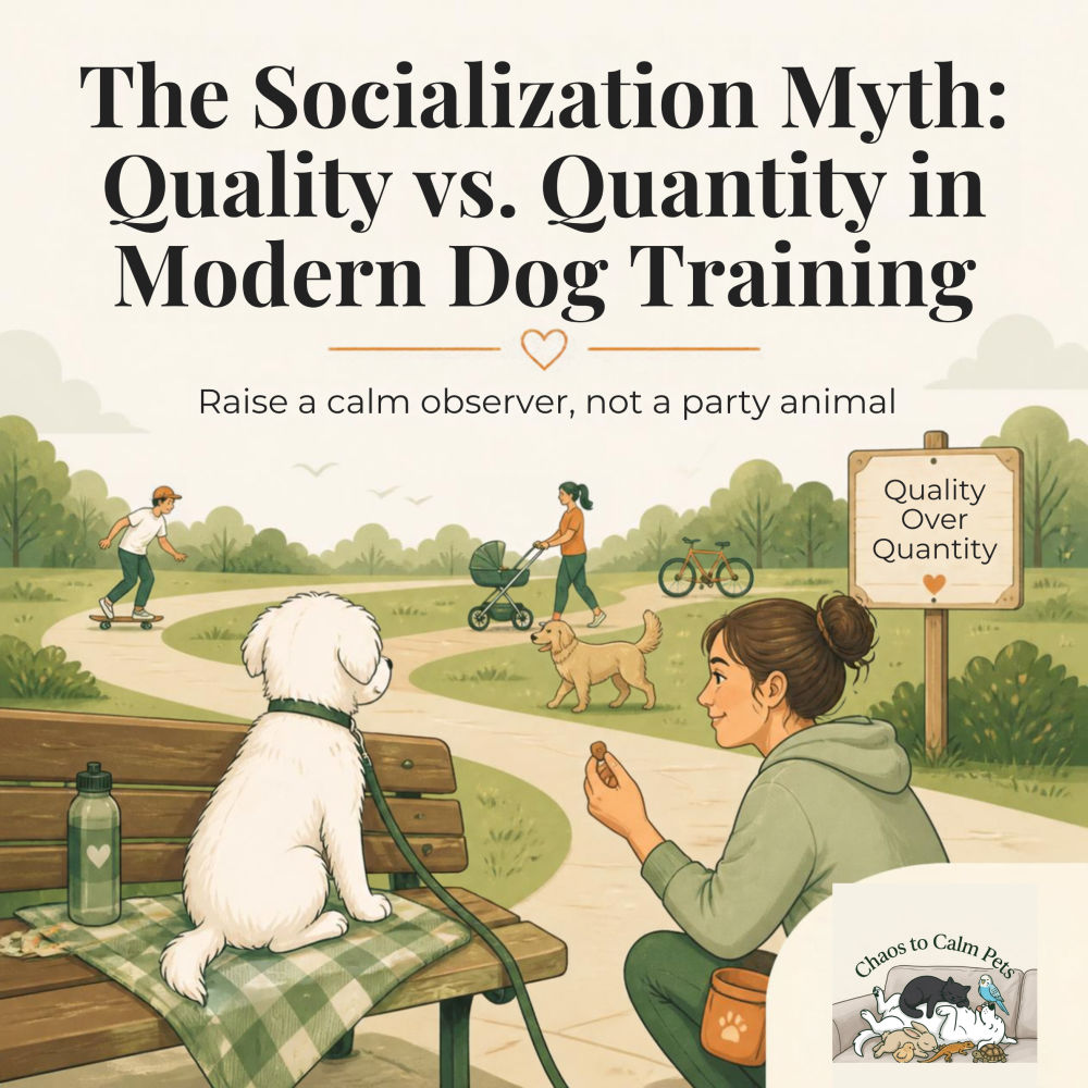 Woman sitting on a park bench beside a fluffy white dog on a green plaid mat, rewarding calm observation of passing skateboarders, strollers, cyclists, and other dogs, with a Quality Over Quantity sign in the background