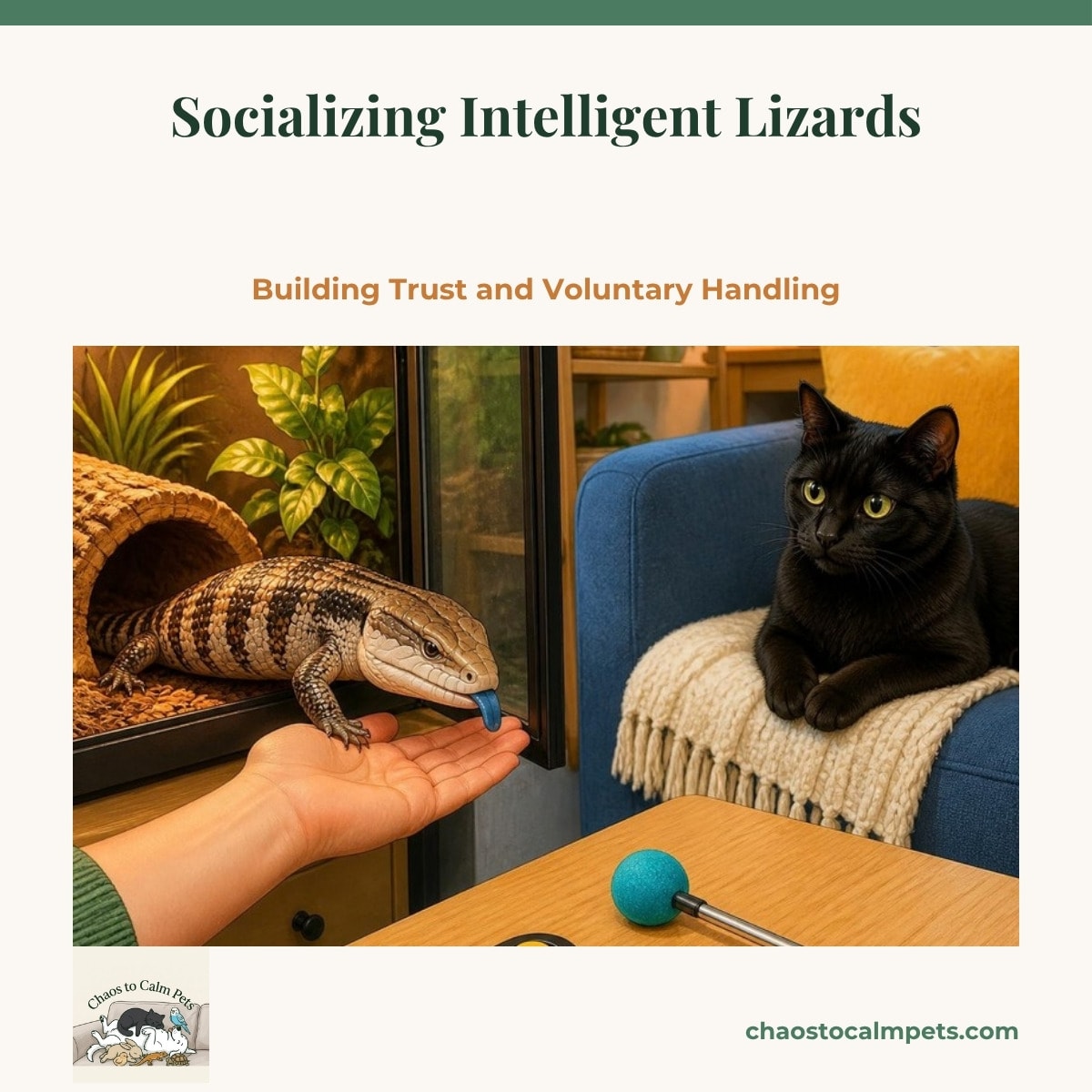 A blue-tongued skink stepping voluntarily onto an open flat hand held low beside its open enclosure door, a clicker and a target stick with a colored ball on the table, and a black cat watching politely from the sofa