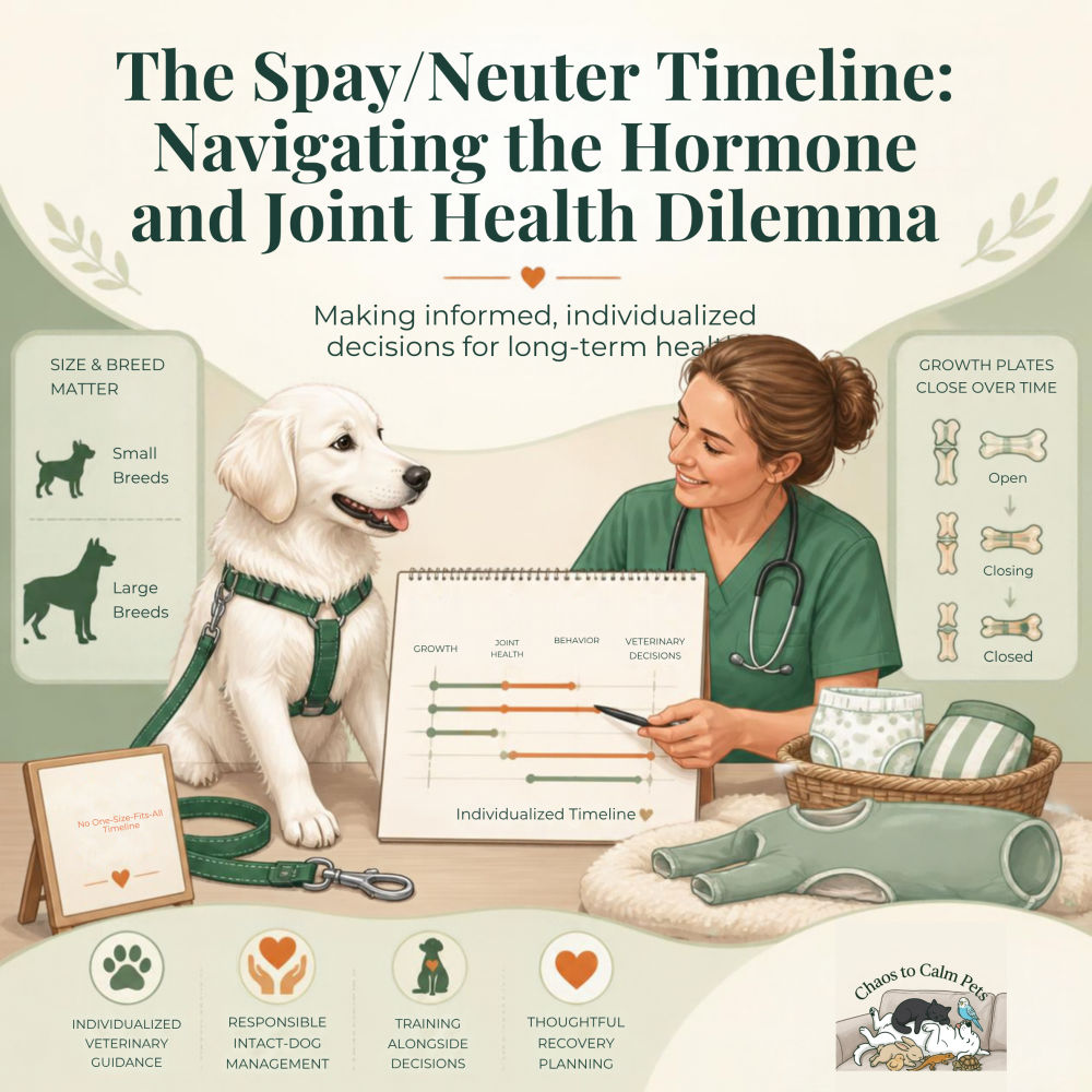 Veterinarian in green scrubs reviewing an individualized spay/neuter timeline chart with a golden retriever puppy, with size and breed comparison panels, growth plate diagrams, and a No One-Size-Fits-All Timeline sign