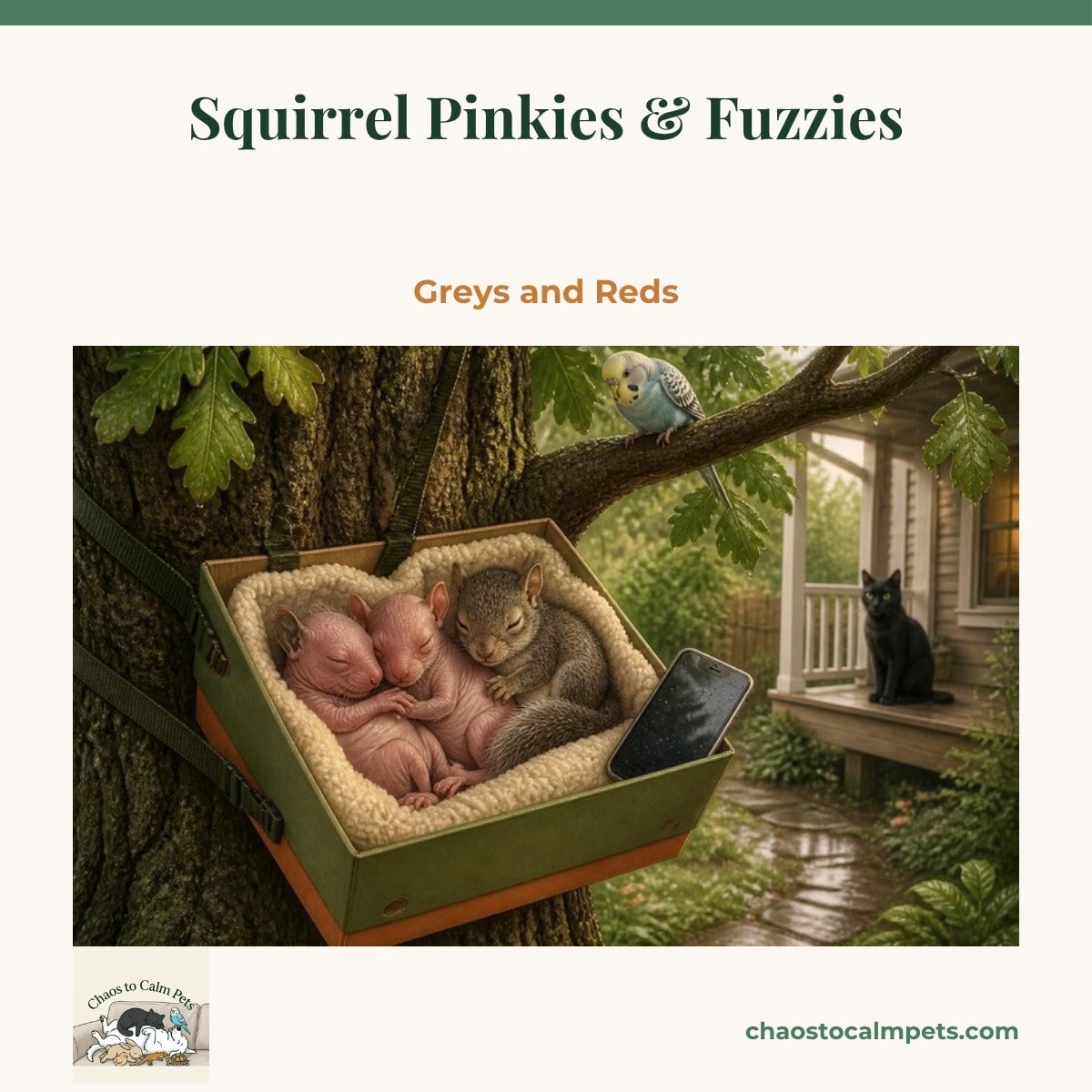 Two pink hairless grey-squirrel pinkies and one downy fuzzy curled in a fleece-lined shoebox strapped to an oak trunk, a phone playing on the box edge, a blue budgie perched on the branch above and a black cat watching from the porch