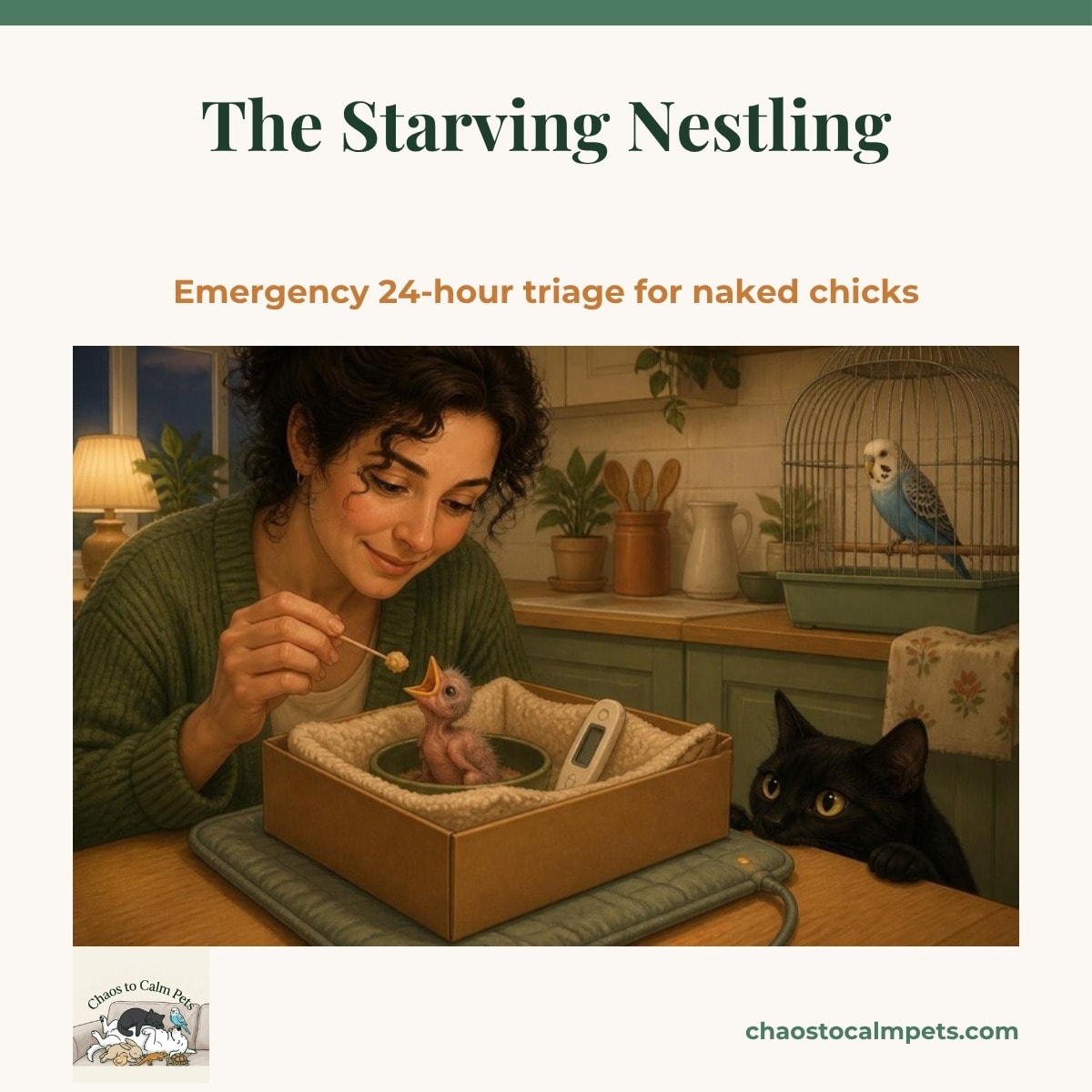 Naked pink songbird nestling gaping in a fleece-lined bowl on a heating pad while a woman holds a toothpick of food, a blue budgie and a black cat watching from across the kitchen
