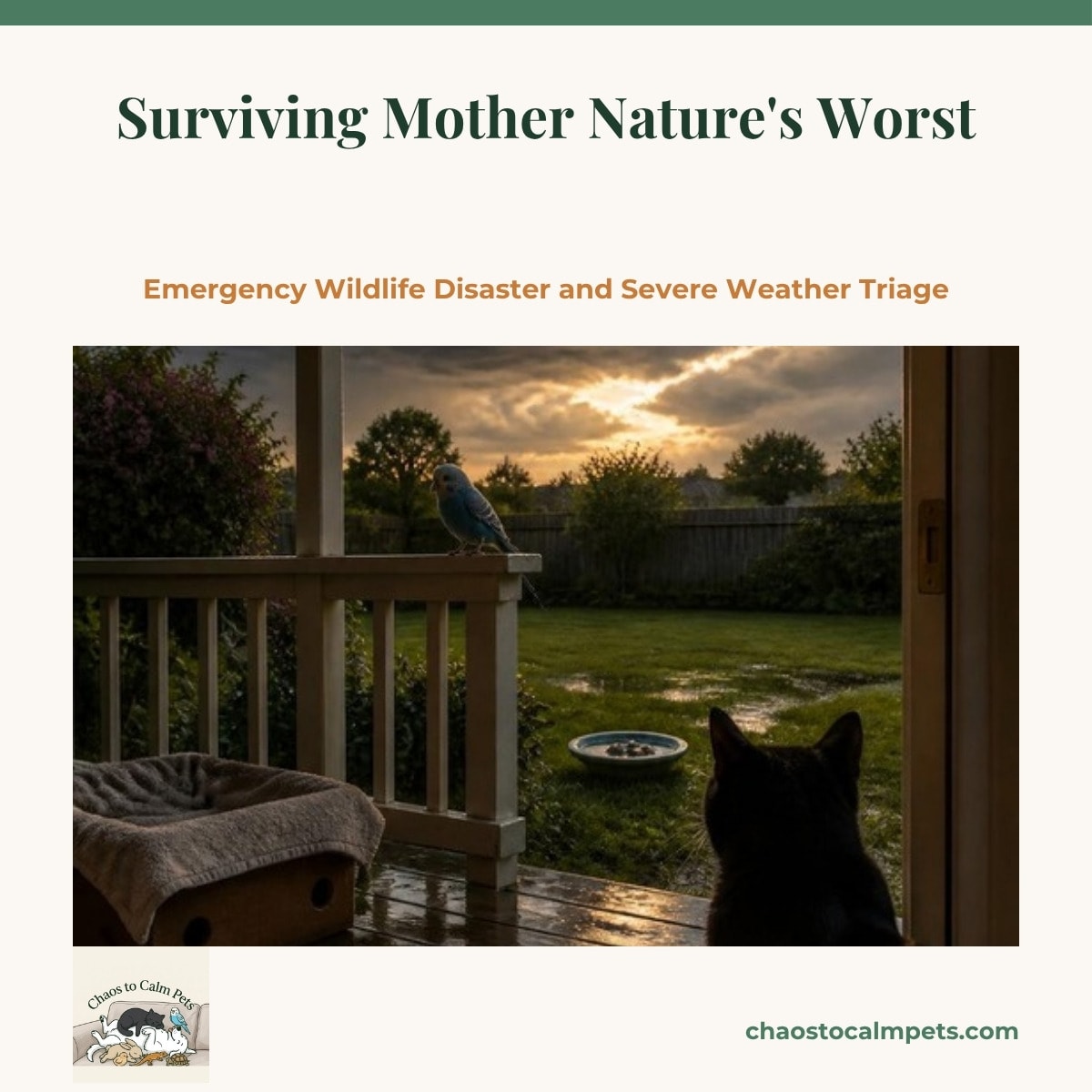 A stormy sky over a suburban backyard with a shallow ceramic water dish and stones on the lawn and a towel-lined box on the porch, a blue budgie sheltering under the porch roof and a black cat watching from the doorway