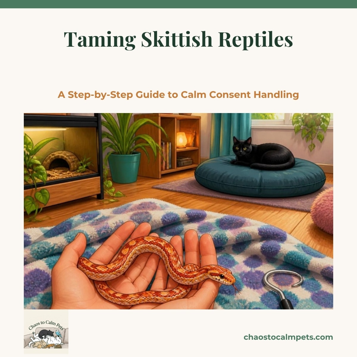 A nervous young corn snake resting across two open flat hands held low over a fleece blanket on the floor, a rubber-coated snake hook lying beside them, and a black cat curled on a cushion across the room