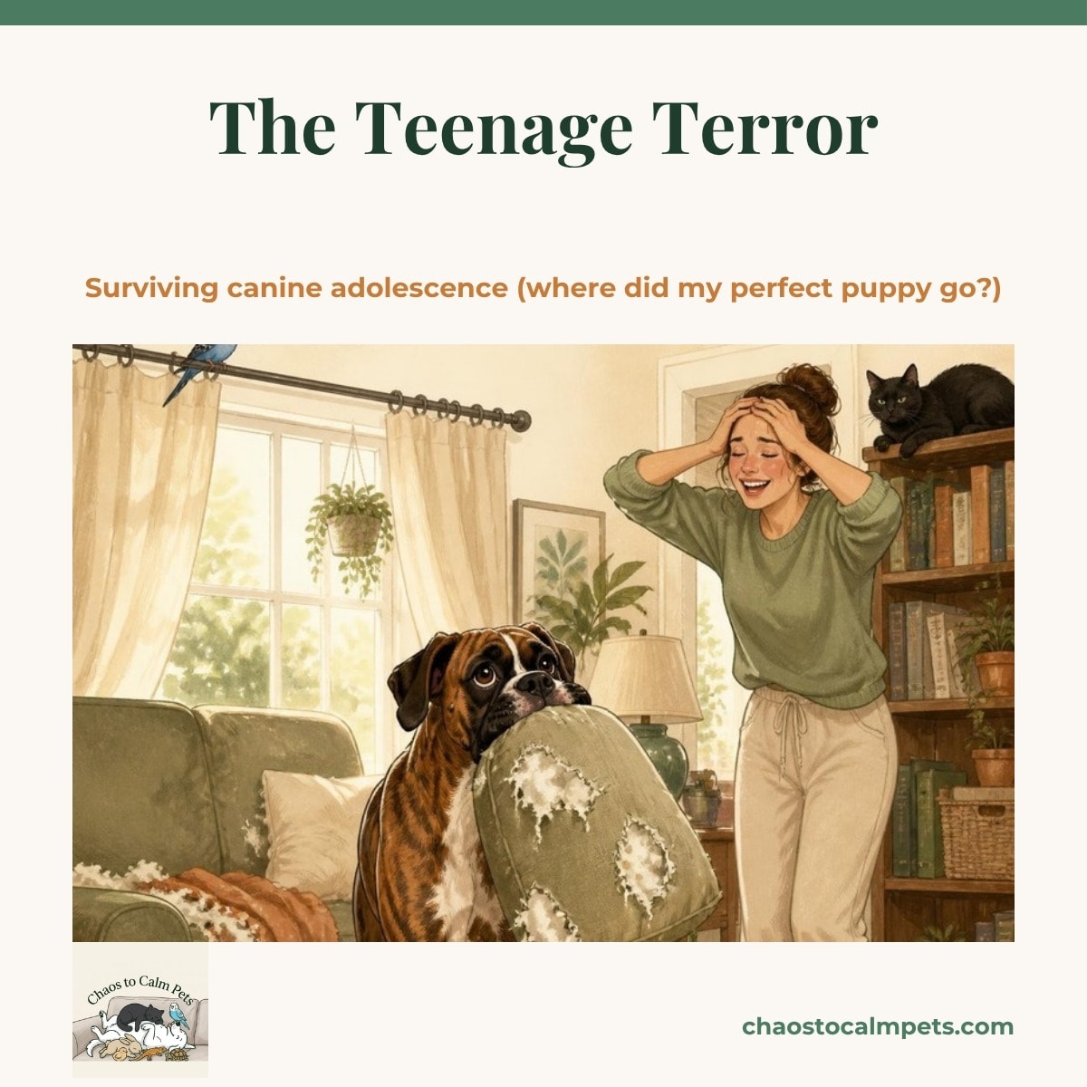 A gangly adolescent brindle Boxer with oversized paws proudly holding a shredded cushion, a woman laughing with her hands on her head, a blue budgie on the curtain rail screaming along and a black cat judging from the top of the bookshelf