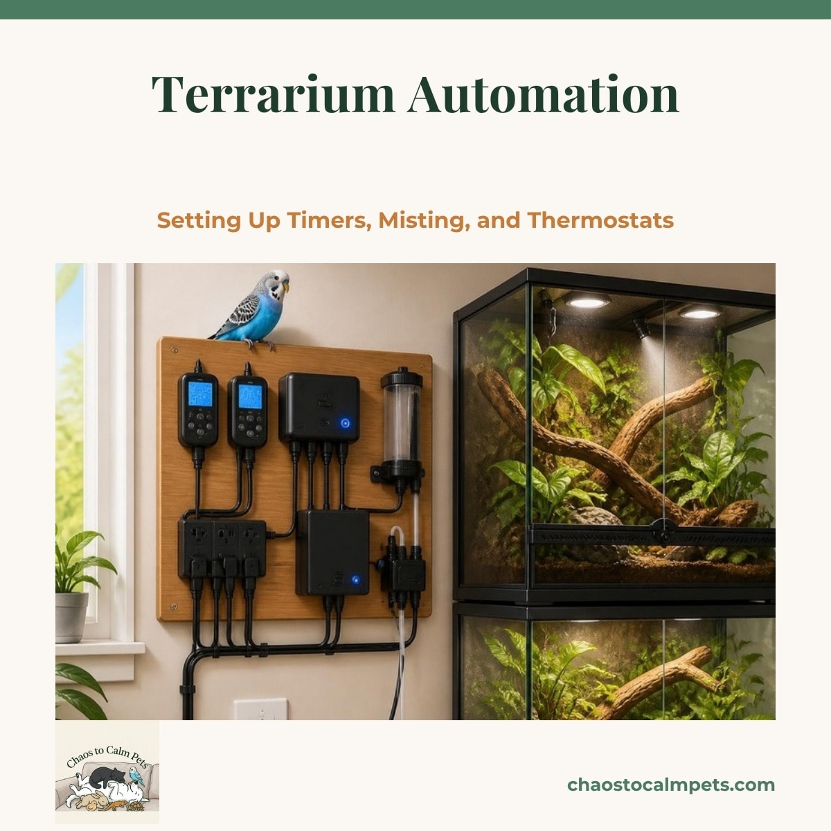 A tidy wall-mounted control board beside two vivariums with labeled digital thermostats, a misting pump and water bucket on the floor, a battery backup unit, neat cable runs with drip loops into a GFCI outlet, and a blue budgie perched on top of the board
