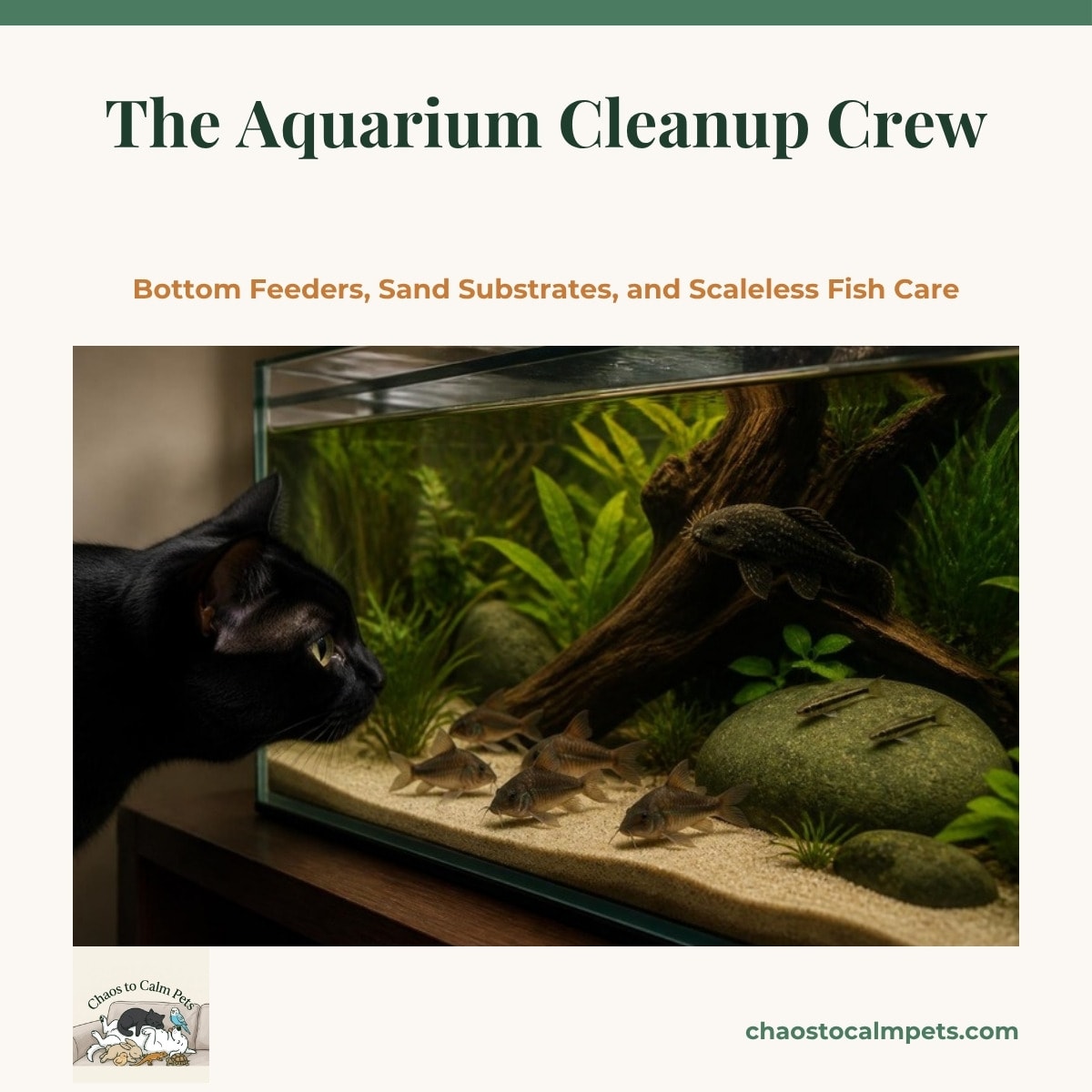 A group of bronze corydoras catfish sifting through fine, pale sand at the front of a planted aquarium, with a bristlenose pleco clinging to a piece of driftwood and a few small otocinclus grazing on a smooth stone