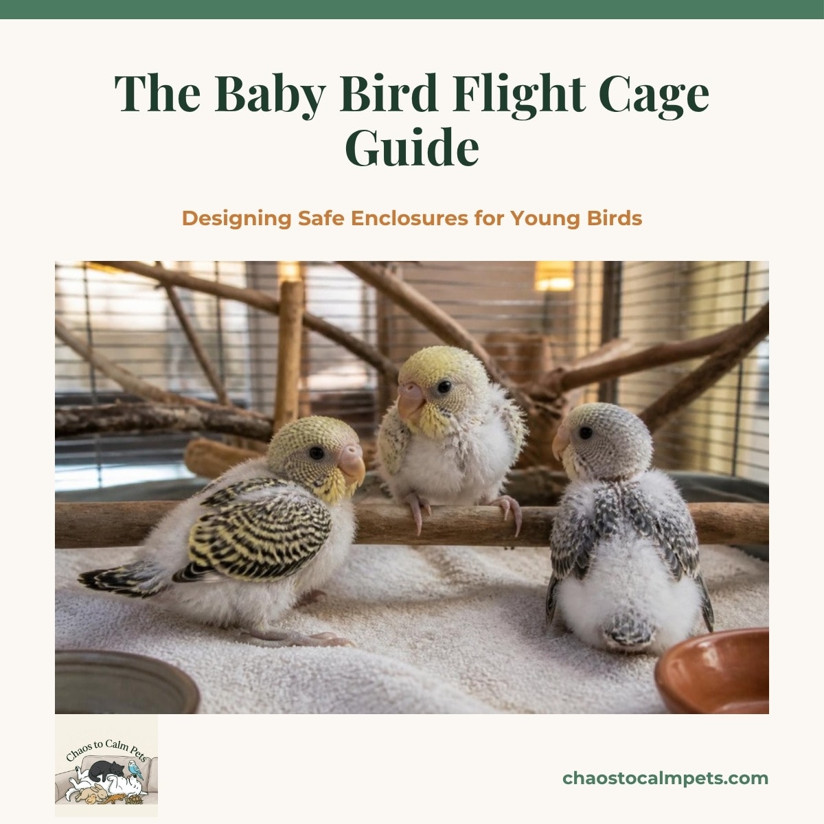 A fledgling cockatiel standing on a low apple-wood perch a few inches above a paper-lined cage floor inside a wide horizontal flight cage, shallow ceramic dishes and a balsa block beside it, and a blue budgie perched near the open door