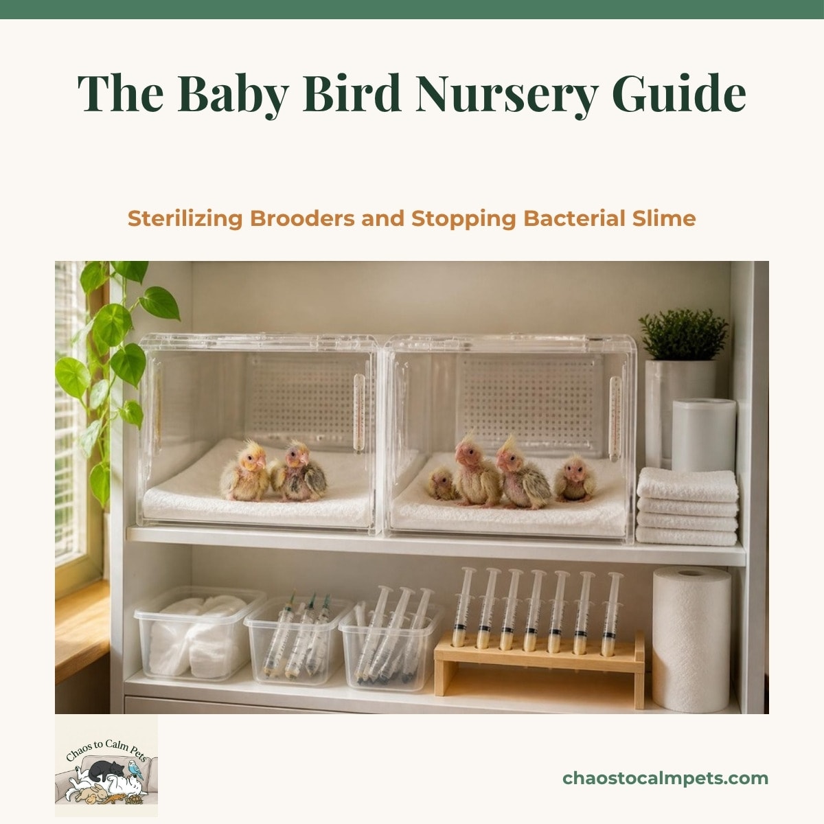 A tidy nursery shelf with two clear brooders side by side, each with its own color-coded thermometer and feeding tools in a labeled tub, a rack of syringes air-drying, a bottle of chlorhexidine, and a small air purifier humming on the floor
