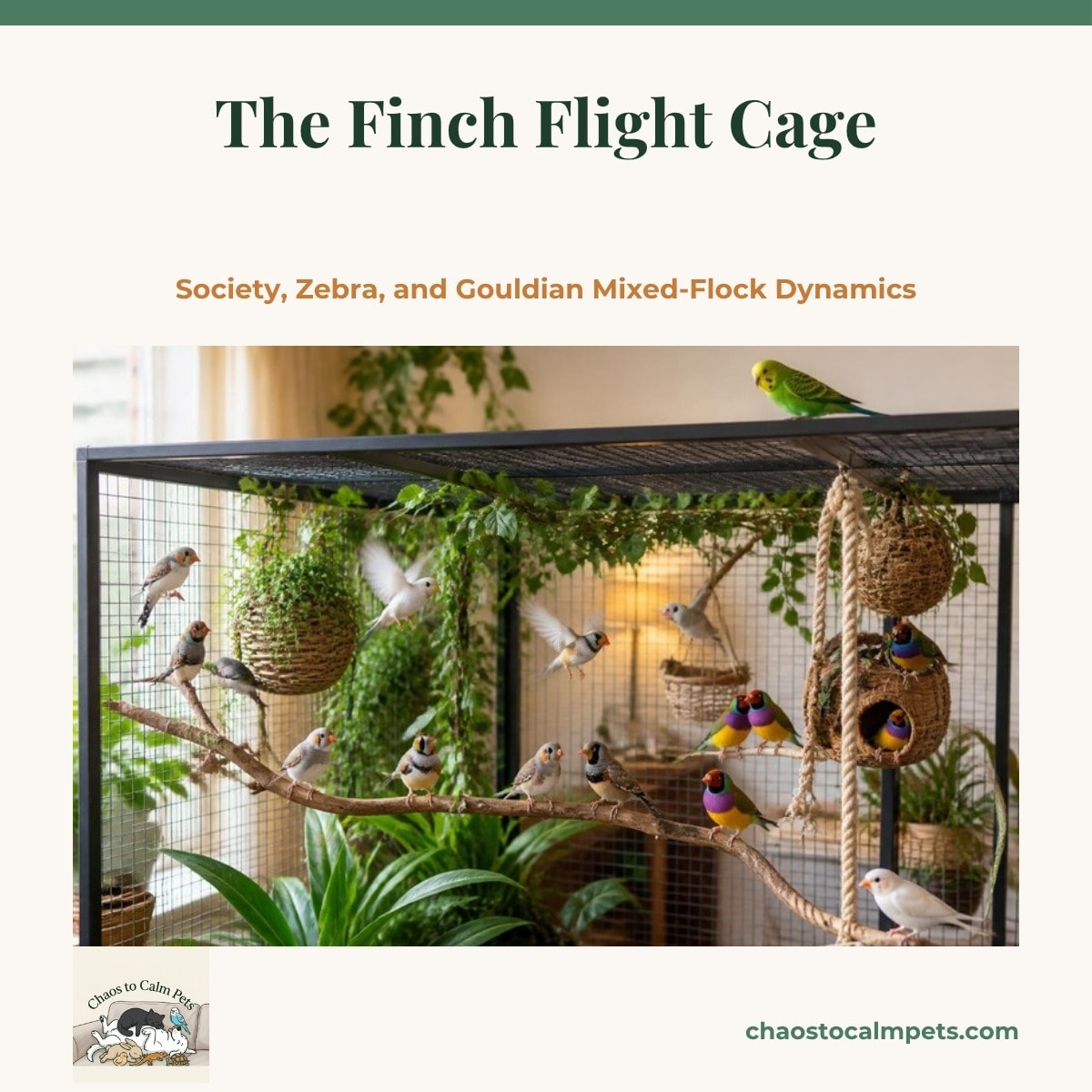 A wide horizontal flight cage with natural branches at both ends, a pair of zebra finches on one side, a brightly colored Gouldian finch on the other, a cuttlebone and iodine block on the bars and a blue budgie watching from a stand nearby