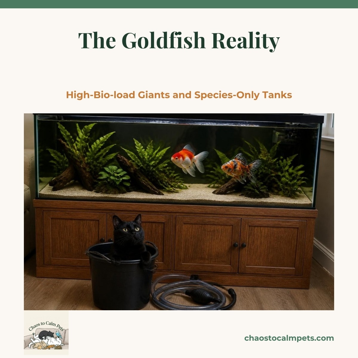 Two fancy goldfish, a red and white oranda and a calico ryukin, swimming over smooth sand in a wide, long aquarium with java fern and anubias tied to driftwood and a few loose strands of hornwort floating near the surface