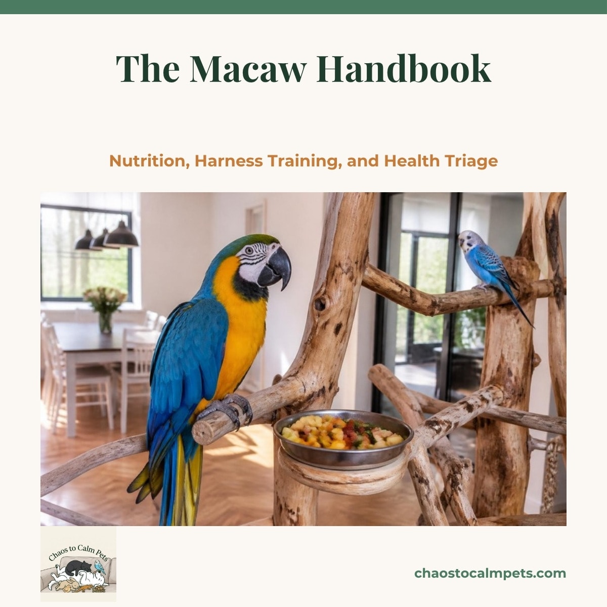 A blue-and-gold macaw gripping a thick block of untreated hardwood on a stainless steel toy chain inside a large stainless cage, a bowl of fresh vegetable chop below and a small blue budgie perched on a window ledge in the background