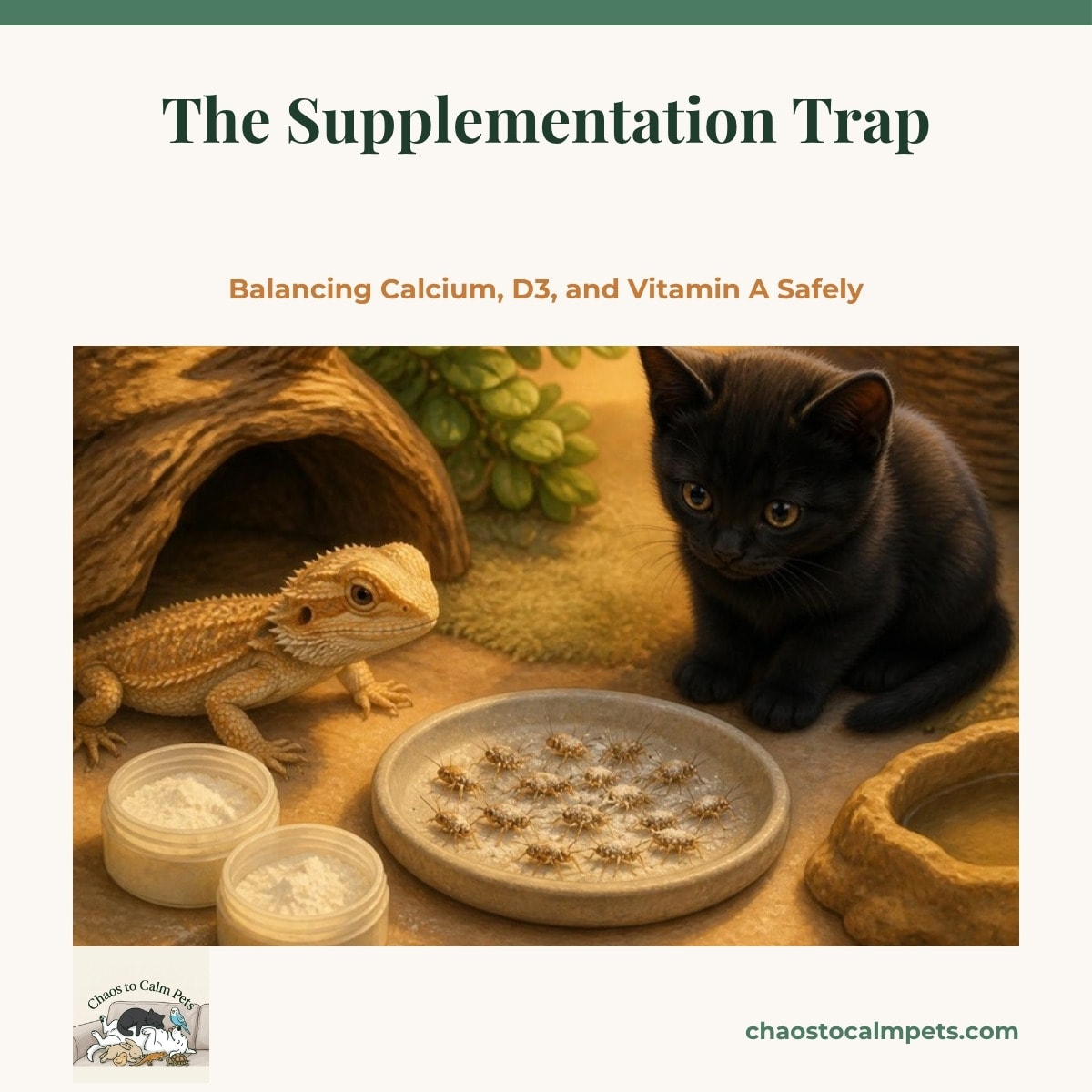 Small tubs of reptile calcium powder and a feeding dish with dusted pinhead crickets beside a hatchling bearded dragon, with Shadow the black cat watching