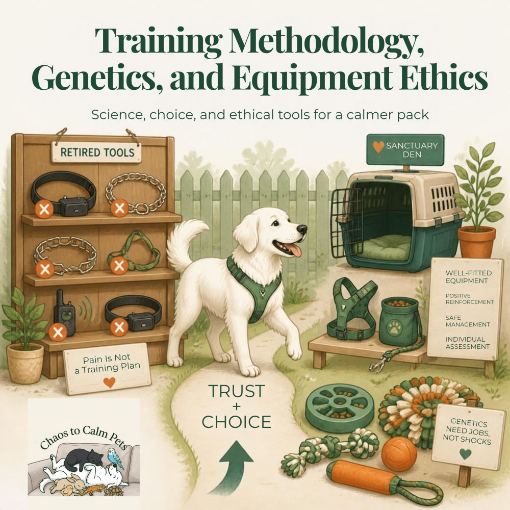 Happy golden retriever in a green harness standing between a Retired Tools shelf of crossed-out e-collars and prong collars and a Sanctuary Den crate, with Trust + Choice on the path and signs reading Pain Is Not a Training Plan and Genetics Need Jobs Not Shocks