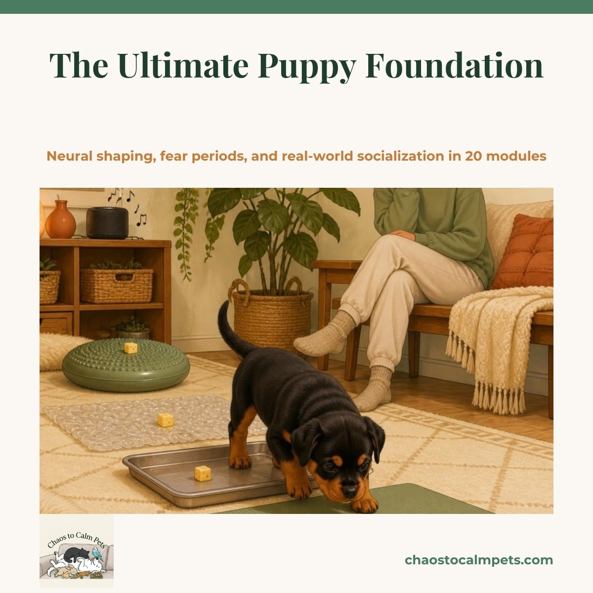 A tiny black-and-tan Rottweiler puppy exploring a living-room obstacle course of textures — a yoga mat, a metal baking tray, bubble wrap, a wobble cushion — following a trail of cheese while a woman sits calmly on a bench nearby