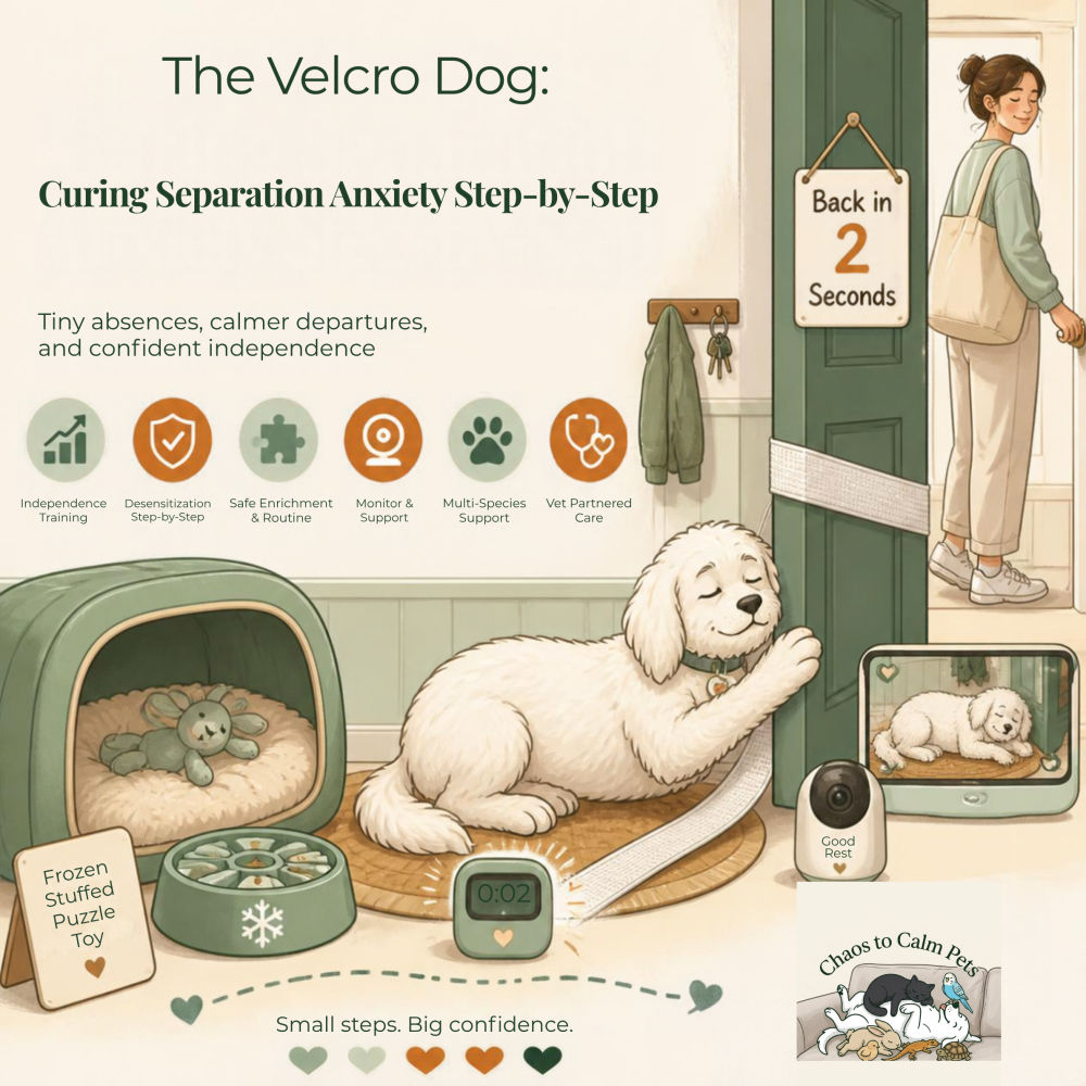 Fluffy white dog sleeping peacefully on a mat by a green front door, with a Back in 2 Seconds sign, a frozen puzzle toy, a camera monitor showing Good Rest, and a woman calmly leaving with a tote bag