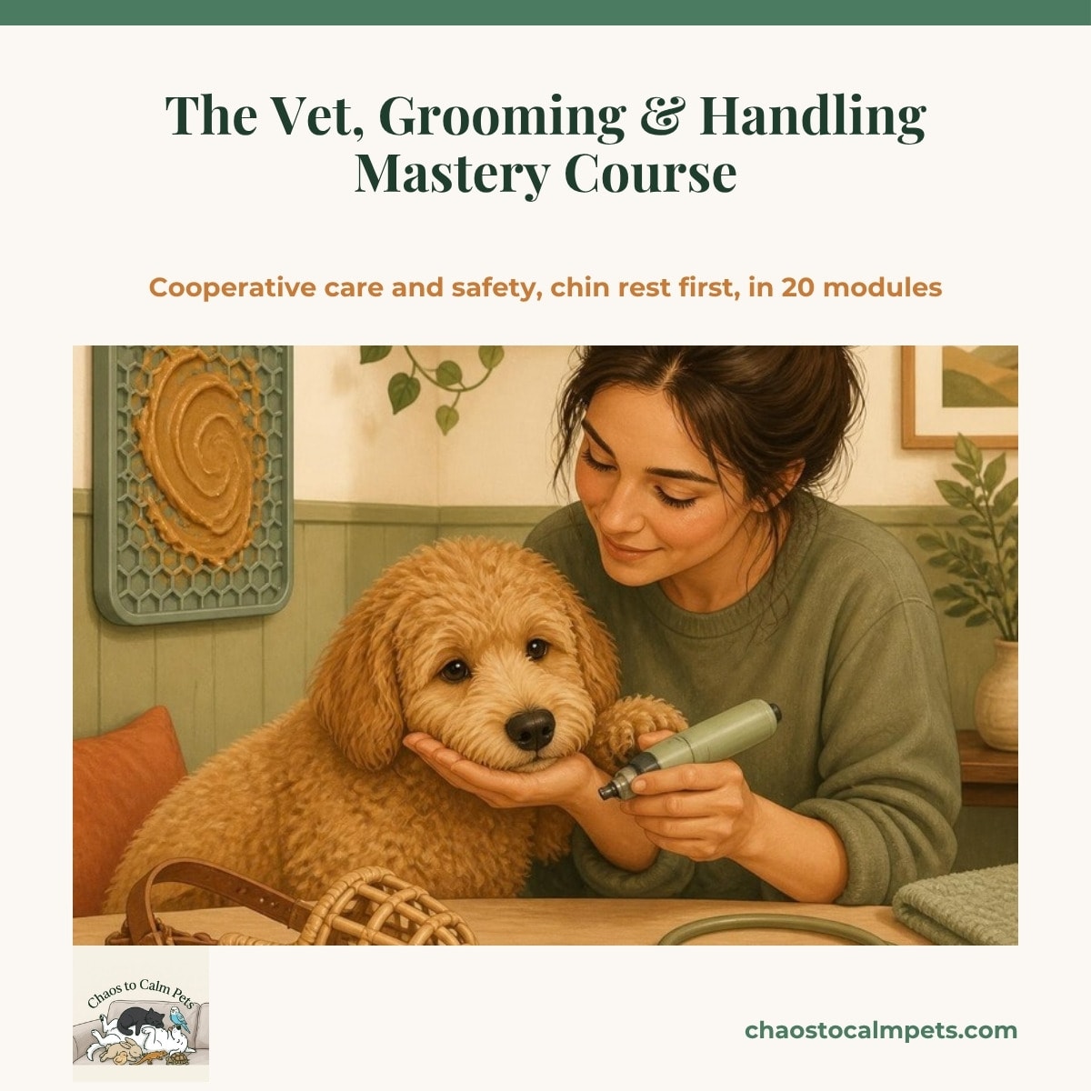 A fluffy apricot Goldendoodle puppy resting its chin calmly on a woman's palm while she trims one nail with a Dremel, a wall-mounted lick mat smeared with peanut butter in front of it, a basket muzzle and a stethoscope laid out on the table