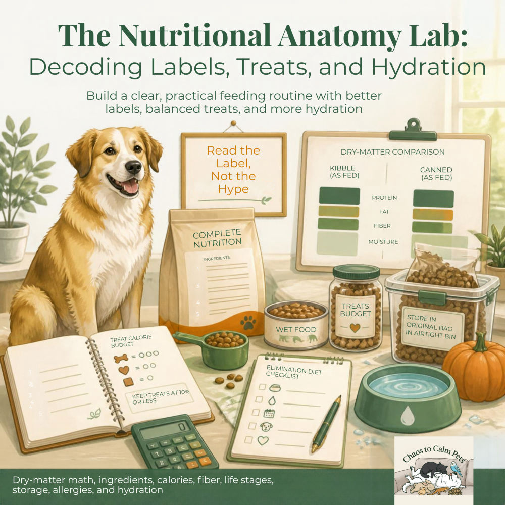A golden retriever sitting beside stacked pet food bags, a dry-matter comparison chart, a treat calorie budget notebook, an elimination diet checklist, a sealed storage bin, a pumpkin, and a full water bowl.