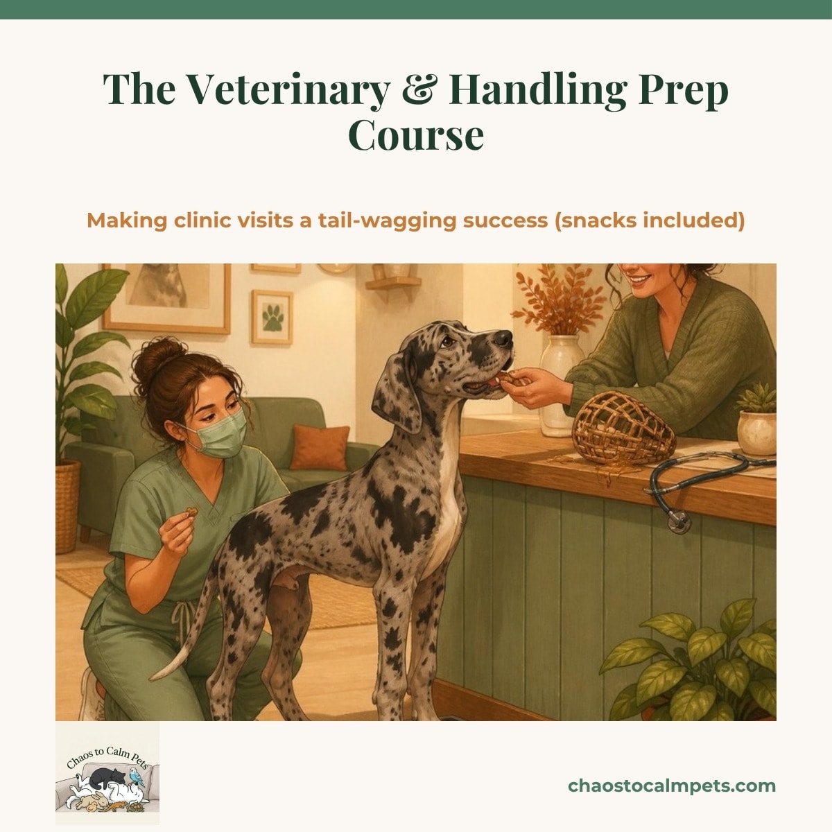A merle Great Dane puppy standing happily on a vet-clinic floor scale eating treats from a receptionist's hand, a woman in scrubs and a surgical mask kneeling beside it, a basket muzzle smeared with peanut butter on the counter