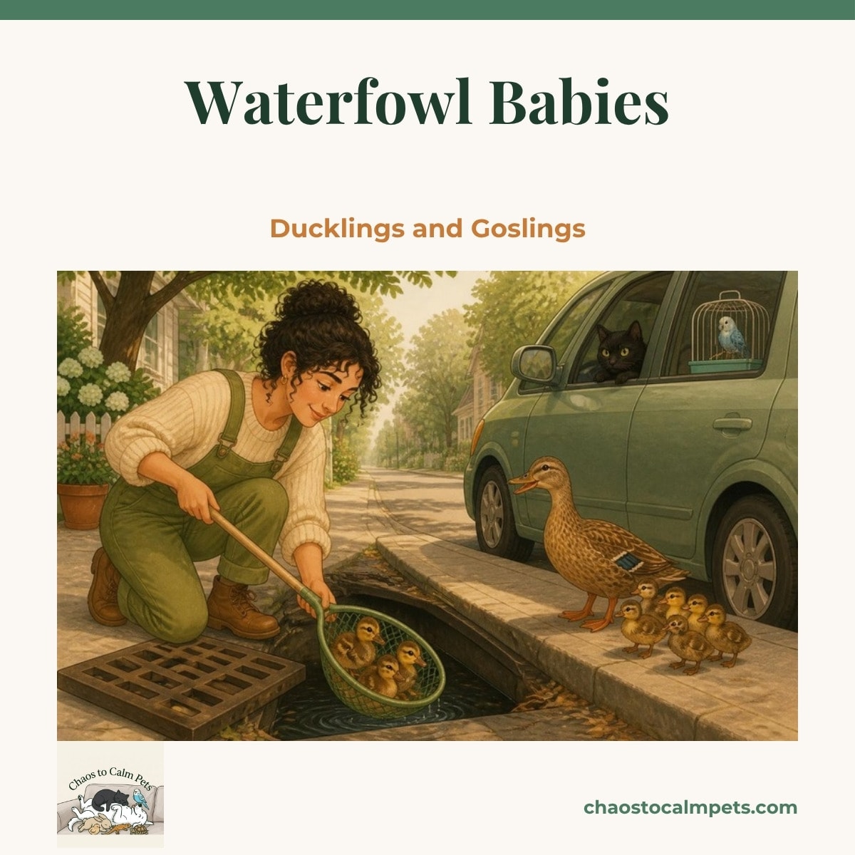 Woman lifting mallard ducklings out of a storm drain with a landing net while the mother duck waits on the curb, a blue budgie and a black cat watching from a parked car window