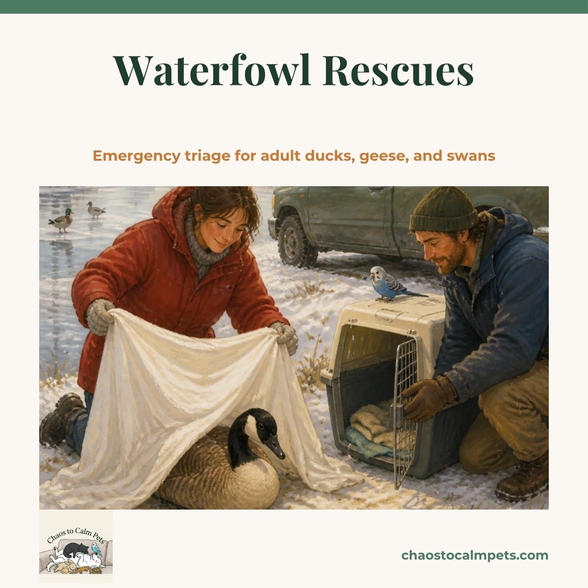 A woman in a thick jacket lowering a bedsheet over a Canada goose beside a frozen pond edge while a man opens a large plastic dog crate lined with towels, a black cat watching from a parked truck and a blue budgie on the crate's roof