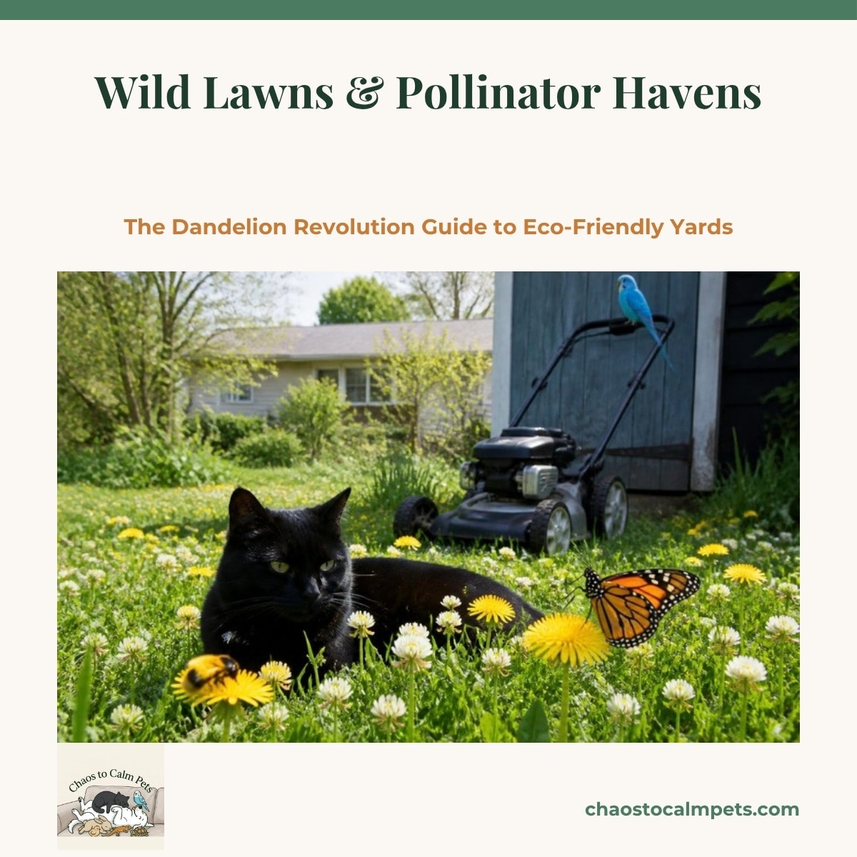 A sunny backyard lawn dotted with dandelions and clover with a native wildflower bed and a brush pile at the edge, a blue budgie perched on a garden stake and a black cat watching bees from a shaded porch