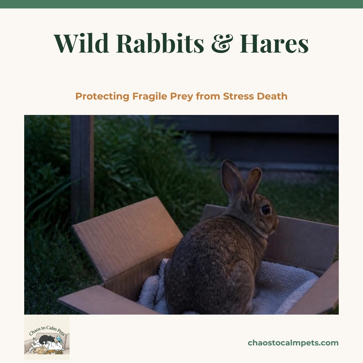 An eastern cottontail rabbit with soft brown-gray fur and a white tail sitting still inside an open cardboard box lined with a towel on a quiet lawn at dusk, a blue budgie on a garden stake above and a black cat watching from the porch