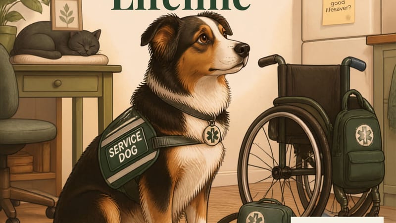 Service dog working alongside handler in public
