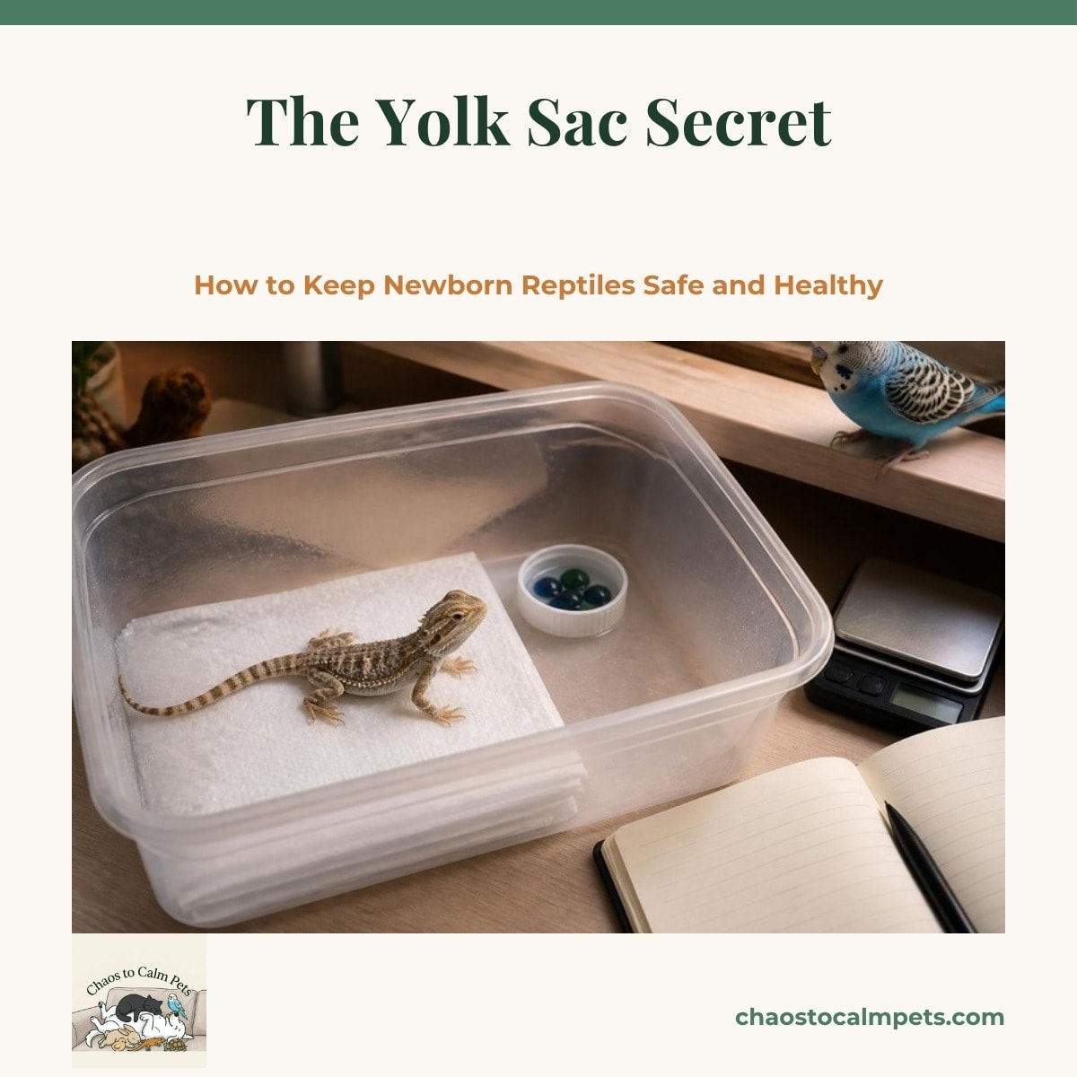 A clean plastic shoebox nursery lined with damp paper towels holding a tiny newborn bearded dragon hatchling, a gram scale and a notebook beside it on the bench, and a blue budgie watching from the shelf edge